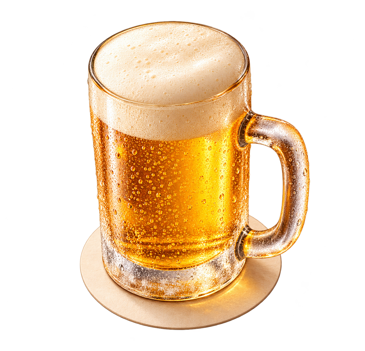 凍らせたグラスの生ビール。泡と冷たいグラスを少し上から描いたイラスト。