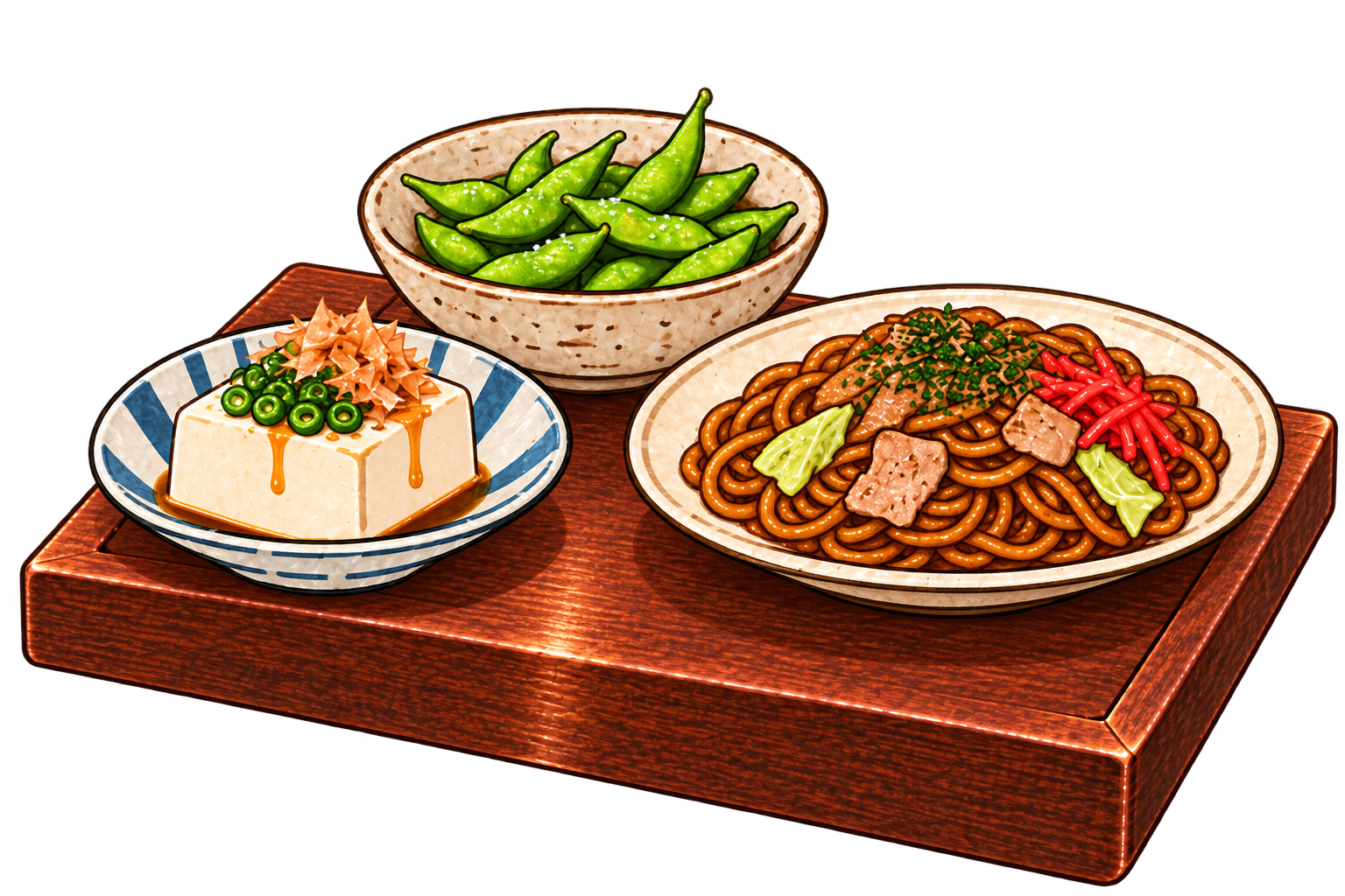冷やっこ、えだ豆、やきそば。