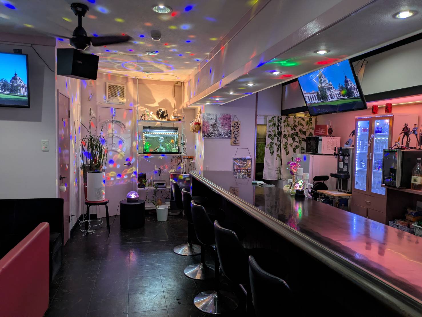 夜の店内。木のカウンターの天板に沿って黒い椅子が並ぶ全景。